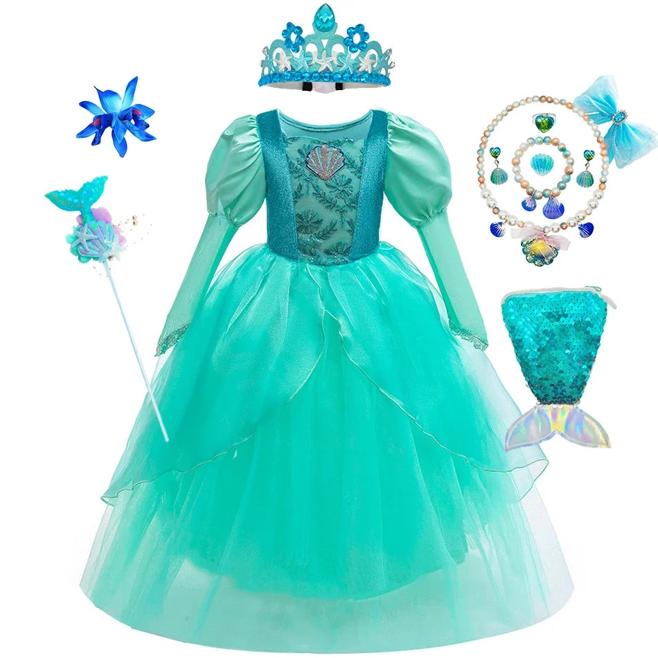 Girls Mermaid Dress Ariel Long Sleeves Cosplay Halloween Costume Kids Fluffy Tulle Shell Applique Frocks Elegant Gown
