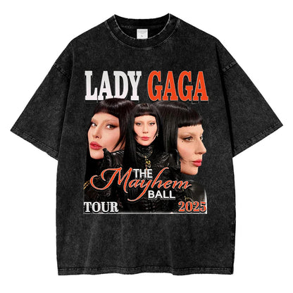 Vintage Washed Lady Gaga The Mayhem Ball Tour 2025 T Shirt Fashion Men/Women Aesthetic High Quality Acid Wash 100% Cotton Tees