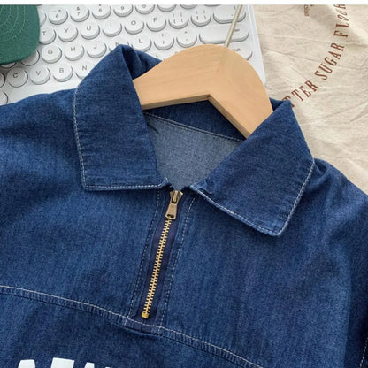 Boys Cotton Summer Suit 2026 New Baby Fashion Print Clothes Children Korean Handsome Short-sleeved Shirt + Denim Shorts 2pcs Set