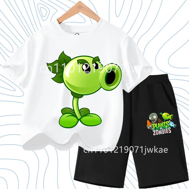Children's Plants Vs. Zombies Short-Sleeved T-Shirt Set Cotton Summer Fashion Comfortable Top+pants for Boys and Girls