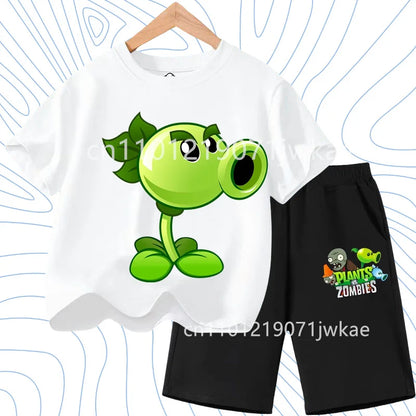 Children's Plants Vs. Zombies Short-Sleeved T-Shirt Set Cotton Summer Fashion Comfortable Top+pants for Boys and Girls