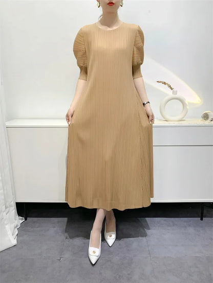 Miyake Pleated Dress 2024 Summer New Round Neck Loose and Comfortable A-line Short Sleeve Maix Dress
