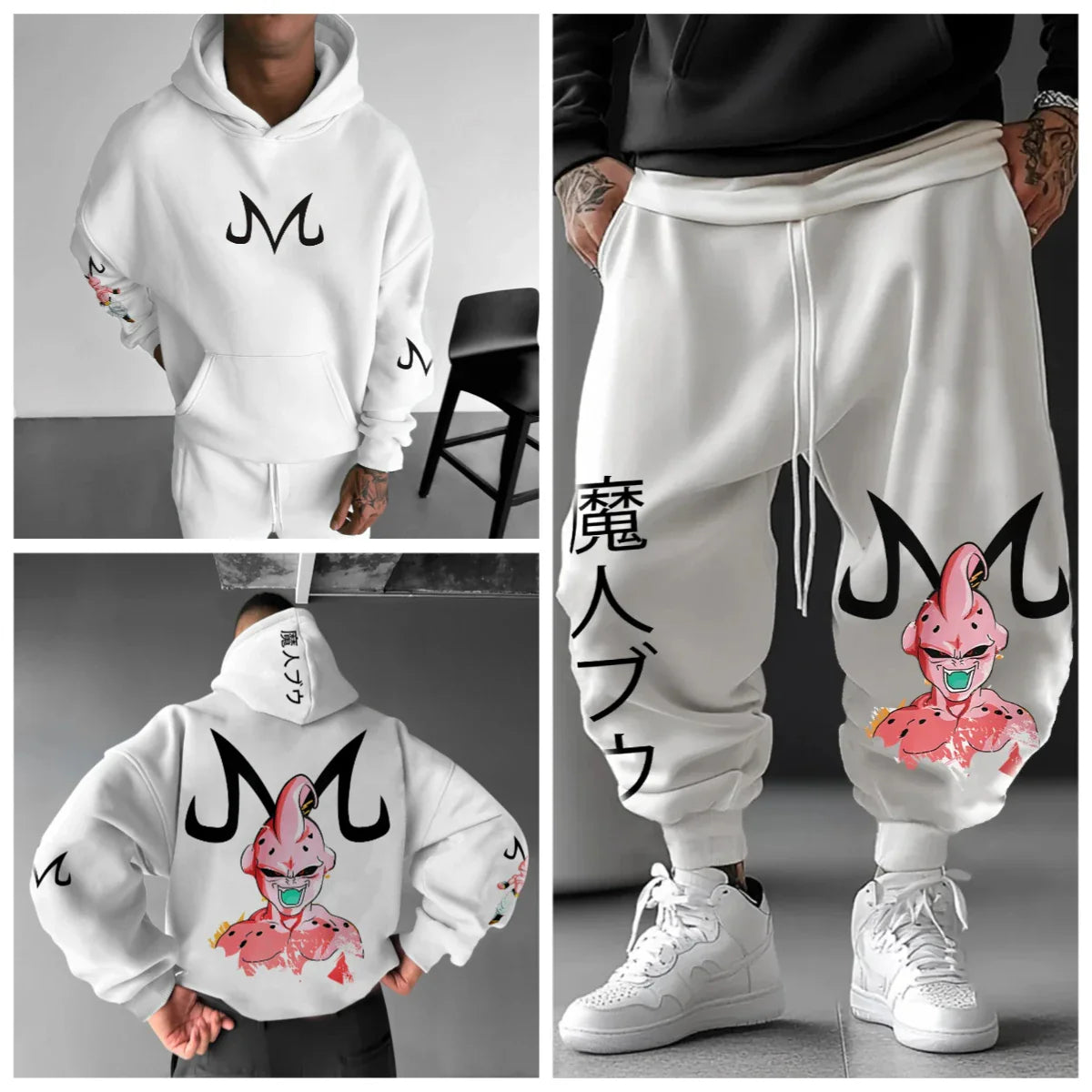 Majin Buu Hoodie Pants Set Anime Cotton Loose Fit Graphic Print Streetwear Casual Sweatshirt Joggers Japanese Cartoon Character