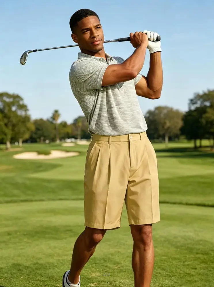 Men's Shorts Casual Pleated Dress Elastic Waist Multi Pockets Classic-Fit Golf Shorts for Men Cotton Summer Formal Shorts Sports