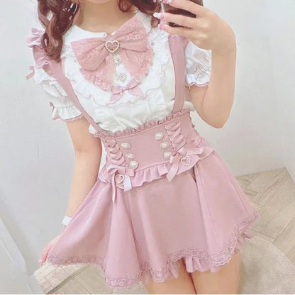 Japanese Gothic Lolita Ribbon Short Suspender plaid Skirt Girls Sweet Cute Lace A-Line Mini Skirts summer2026 black solid kawaii