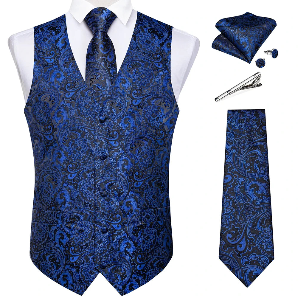 Suit Vest for Men Black Solid Paisley Wedding Prom Groom Jacquard Waistcoat with Necktie for Tuxedo Men Clothing