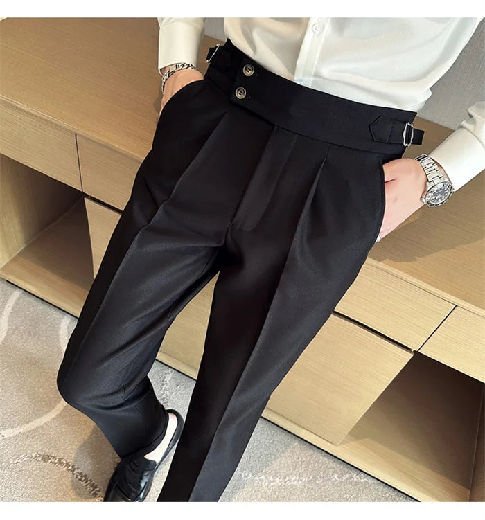 Pure Color Male Business Wedding Dress Pants Fashion Unique Design Men Waist Adjustable Suit Pant No Belt Slim Trousers Homme