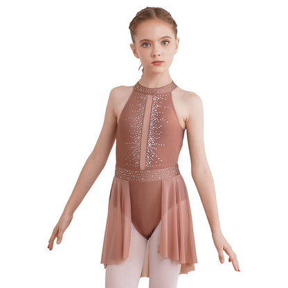 Kids Girls Gymnastics Figure Skating Ballet Lyrical Dance Costume Dress Side Split Sheer Mesh Ruched Glittery Rhinestones Dress