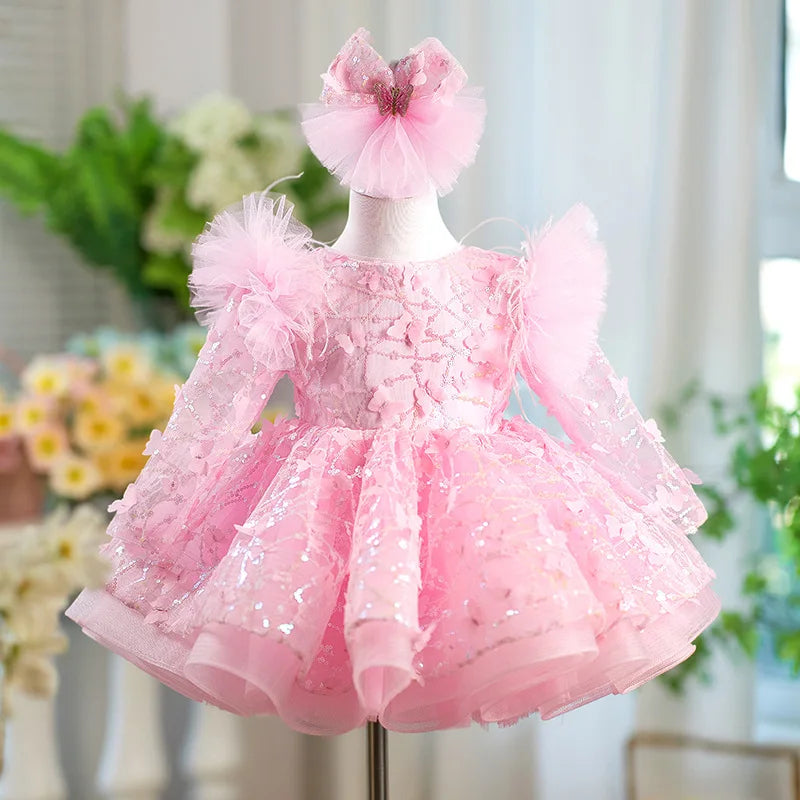 Luxury Girls' Party Dress, Long Sleeved Sequined Butterfly Mesh Dress, One Year Old Birthday Gift, Elegant Dress for Girls Aged