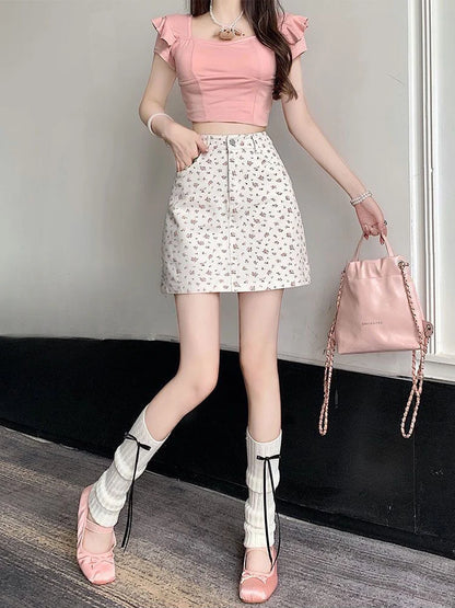 Floral Skirts Women Denim Mini A-line Sweet High Waist Korean Fashion Age-reducing Summer Lovely Girls Tender Temperament Ins