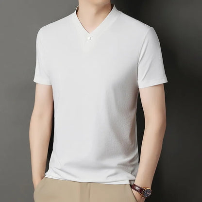 2026 Korean Style Men's Casual and Fashionable One Button V-neck Solid Color Short Sleeved T-shirt Summer Versatile Top