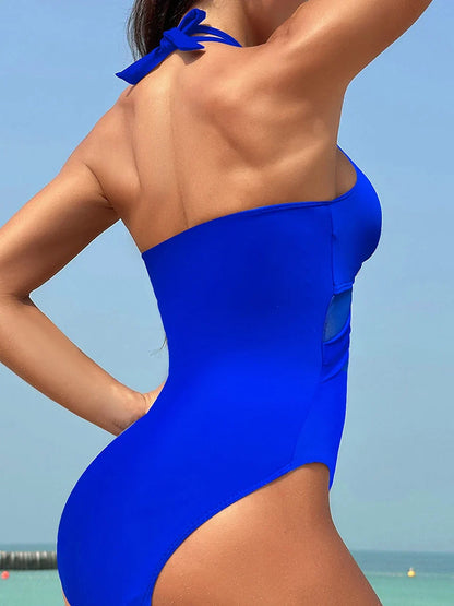 2026 Plain Ruched Mesh Swimsuit Women One Piece Ring Link Swimwear Female Sexy Bathing Swimming Suit Bodysuit Summer Beachwear