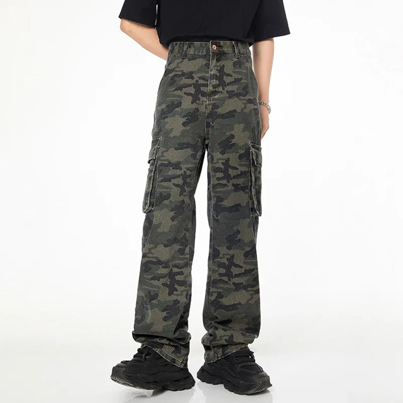 Tall Pants for Slim Thin Skinny Men Y2K Straight Wide Leg Cotton Cargo Pants Camouflage Extra Long Length Trouser Male Vintage
