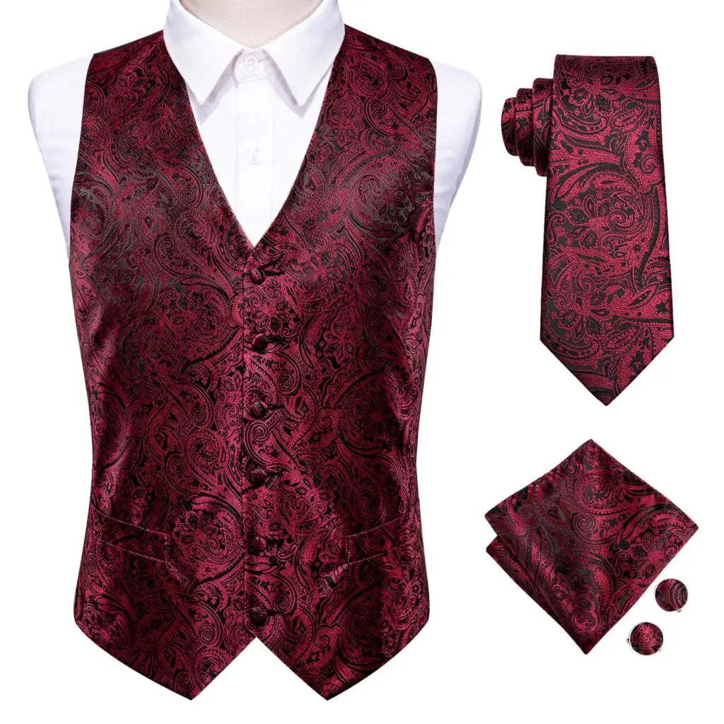 Mens Vests Tie Sets V-Neck Grey Red Purple Blue Green Pink Black Waistcoat Hanky Cufflinks Wedding Business Designer