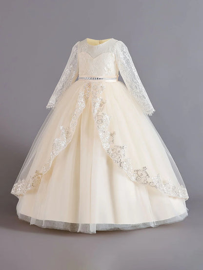 Long Sleeve Baptism Bridesmaids Party Girl Dresses Tulle Wedding Costumes Elegant Flower Princess Dress Girls Birthday Prom Gown