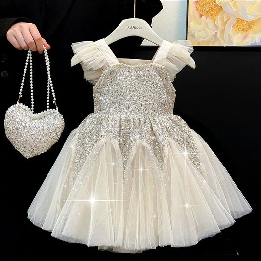 Kids Girl Clothes Sequined Flying Sleeves New Summer Party Dresses For Girls Elegant Mesh Vest Skirt Princess Dress Evening Prom