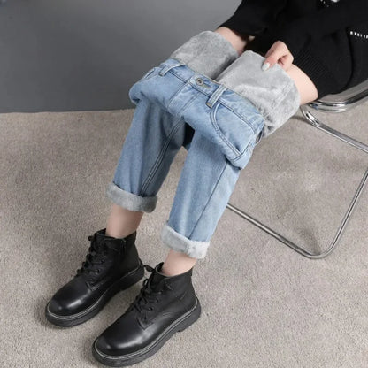 Winter Warm Slim Jeans Ladies Casual Denim Pencil Pants Thick Velvet Women Jeans High Waist Skinny Straight Jeans Fleece
