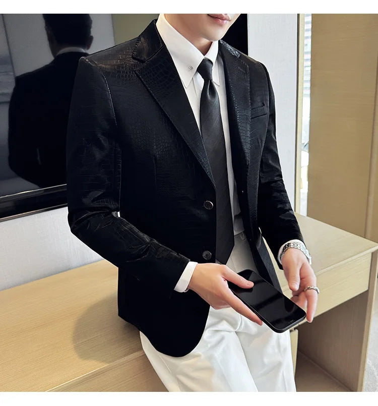 New High Quality Crocodile Stripe Slim Fit Leather Jacket Classic Business Casual Slim Fit Men Blazer Tuxedos Men Clothing 4XL-M