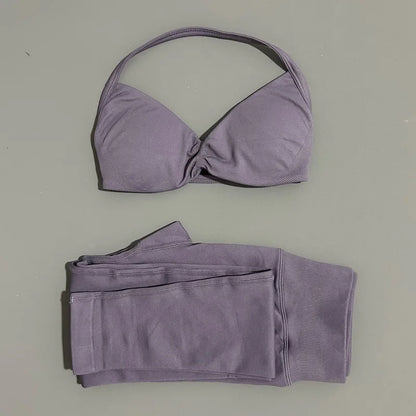 2 Piece Sports Set Women Yoga Backless Halter Bra High Waist Scrunch Seamless Pants Sport Suit Gym Sportswear Workout Set