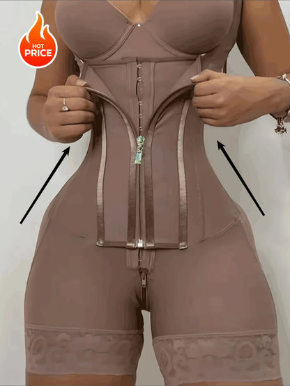 Women's Lace-Trimmed Shapewear Bodysuit - Tummy Control Corset with Adjustable Straps & Zipper, Black, Comfortable Waist Trainer