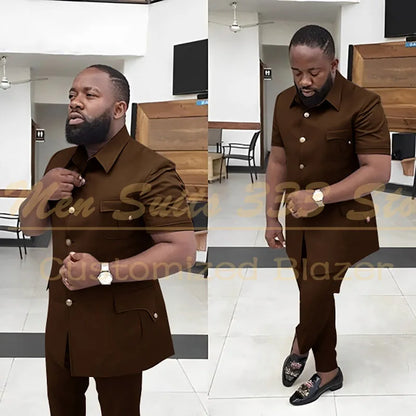 Summer Men's Suits Solid Color Short Sleeve Single Breasted Stand Lapel Casual Outfits 2 Piece Jacket Pants Set Slim Fit Terno