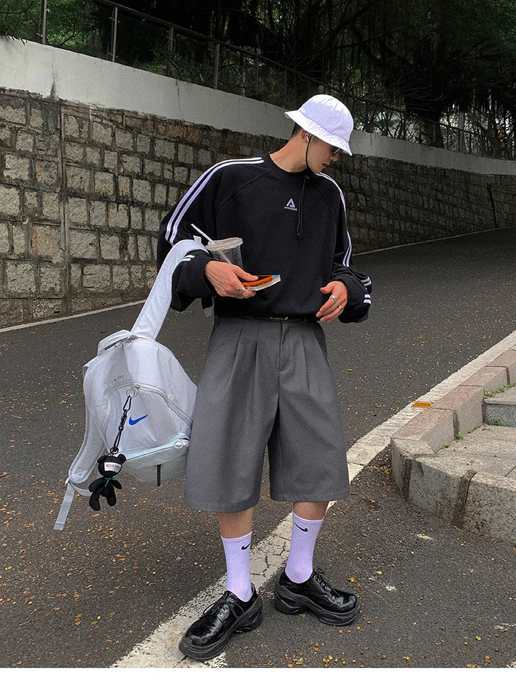 Spring Summer Loose Casual Soft Grey Pleated Shorts for Men with High Waist Short Straight Pants Korean Clothes 2024