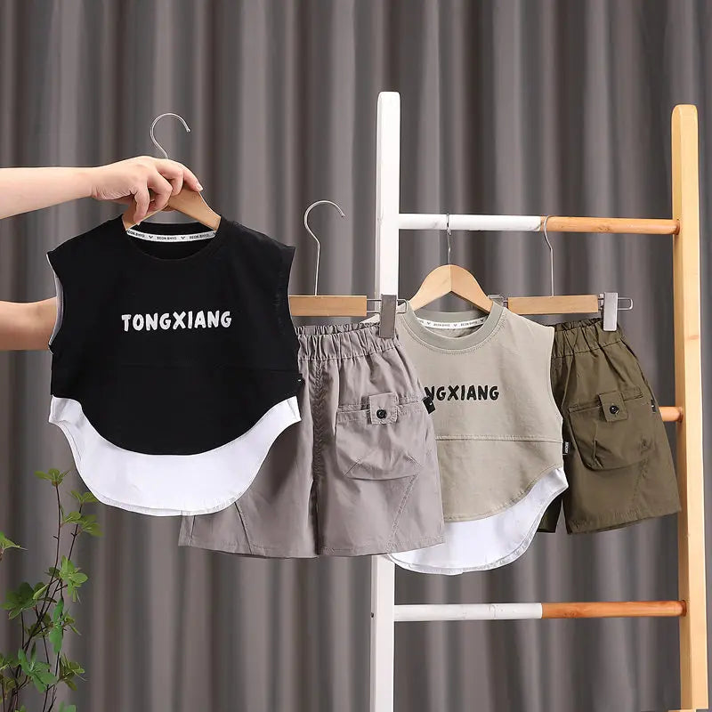 Summer Cartoon Print Baby Boys Girls Cotton Sport Letter Vest Shorts Set Toddler Kids Casual Tracksuit Infant Clothing Set