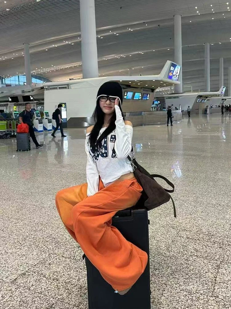 Women's Jeans Orange Mid Low Waist Washed Retro Wide Leg Loose Sports Kpop Hip-hop Street Pants Fashion Women's Pants