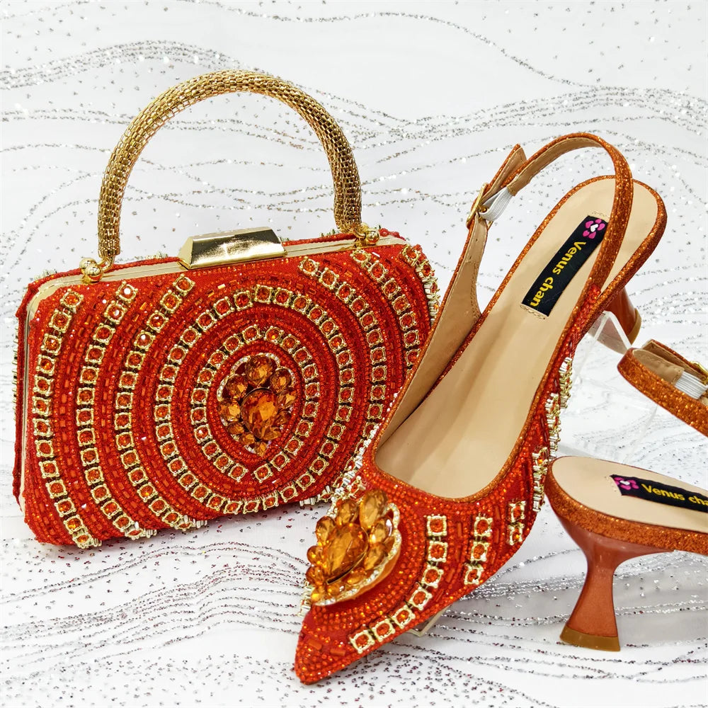 2025 Elegant Fruit Green Women's Green Heels and Rhinestone Handbag Set - Italian Design for Weddings and Parties