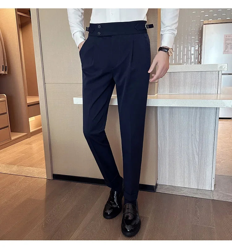Autumn Winter High Waist Business Dress Pants Men Casual Belt Design Slim Suit Pants Formal Wedding Social Party Male Trousers