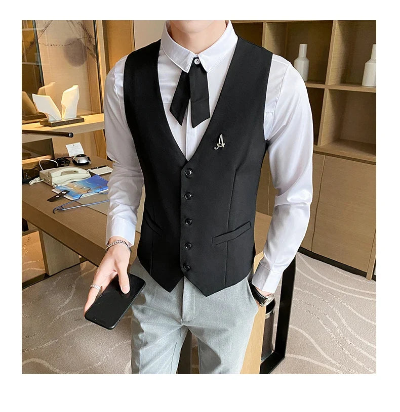 Top Quality Men's Business Casual Slim Vest Fashion Designer Men Classic Solid Color Single Breasted Sleeveless Vest Size 5XL-M