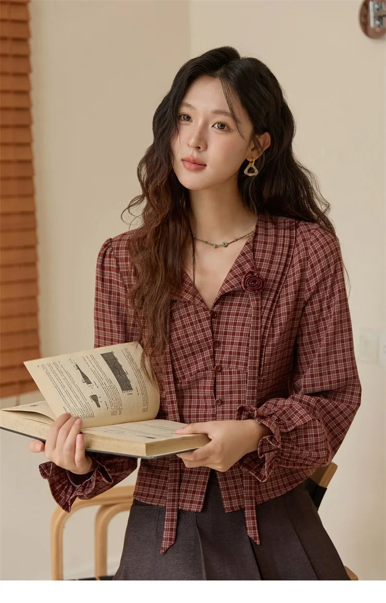 Women's Red Tied Plaid Shirt 2025 Autumn New Arrival Sweet 3D Floral Turn-Down Collar Long-Sleeve Blouse Women MXE45X2481