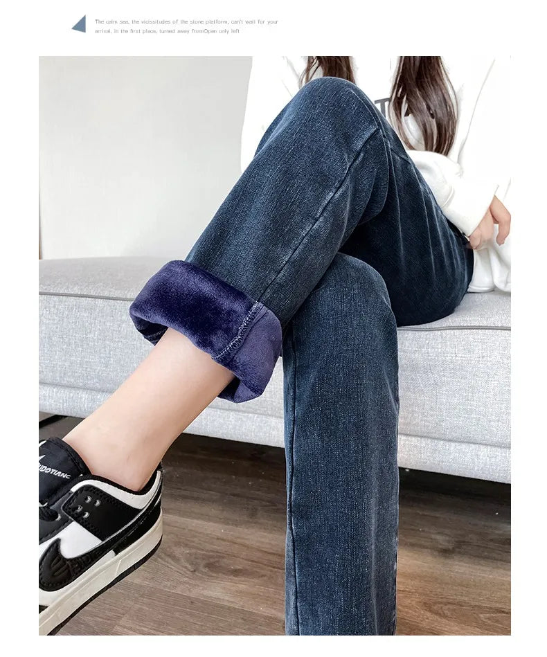 Black 2024 Winter Straight Fleece Jeans Women Casual Vintage Warm Thick Loose High Waist Elastic Velvet Denim Pants