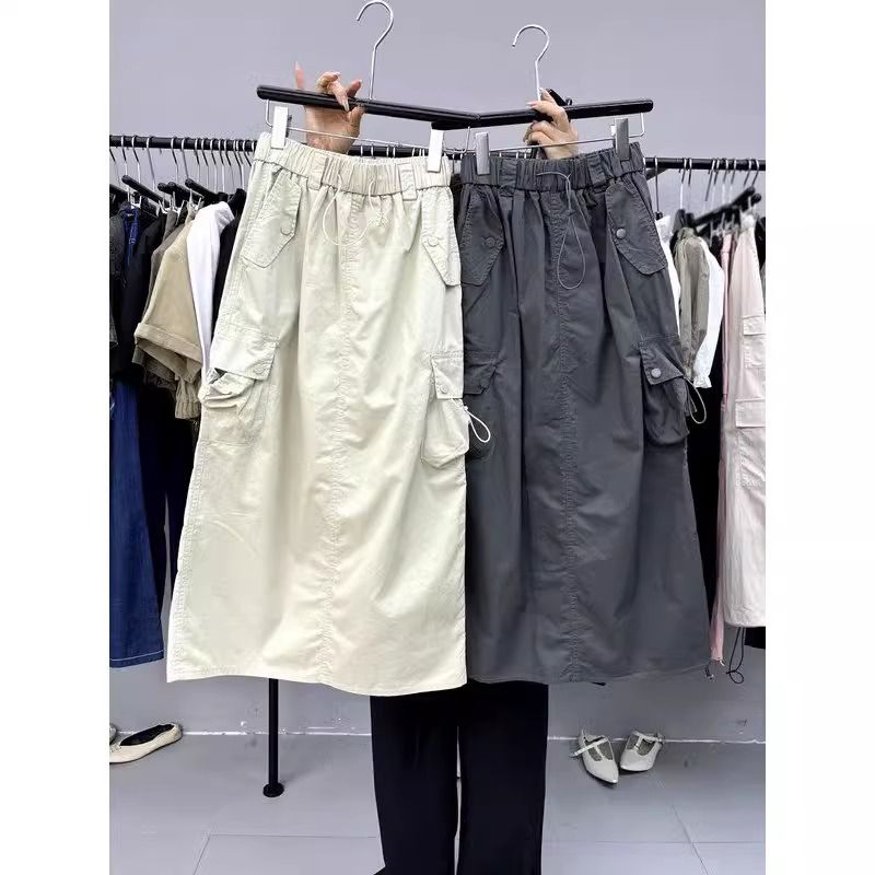 Vintage Skirts for Women American Fashion High Waist Back Slit Cargo Skirt Streetwear All-match Pockets Trendy Harajuku Chic New
