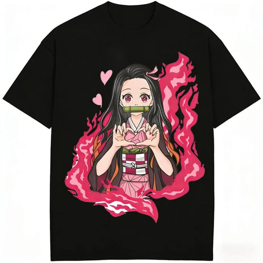 Demon Slayer Nezuko Kamado Pure Cotton T-shirt 2026 Summer New Anime Printed Loose Casual Parent Child Short Sleeve Top