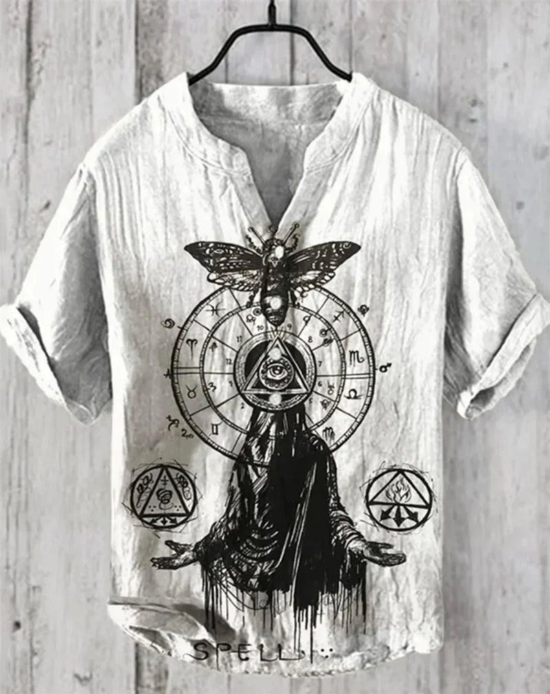 New Men's 3D Printed V Neck Short Sleeve Shirt Foreign Trade Casual Fashion Loose Linen Short Sleeve Shirt Top