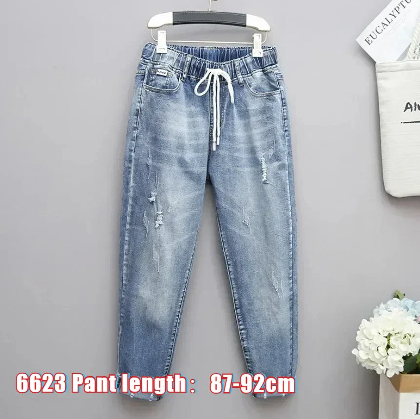Large Size Baggy Jeans Woman High Waist Loose Harem Pants Elastic Cotton Denim Pants Women Denim Jeans Mom Ripped Jeans