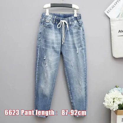 Large Size Baggy Jeans Woman High Waist Loose Harem Pants Elastic Cotton Denim Pants Women Denim Jeans Mom Ripped Jeans