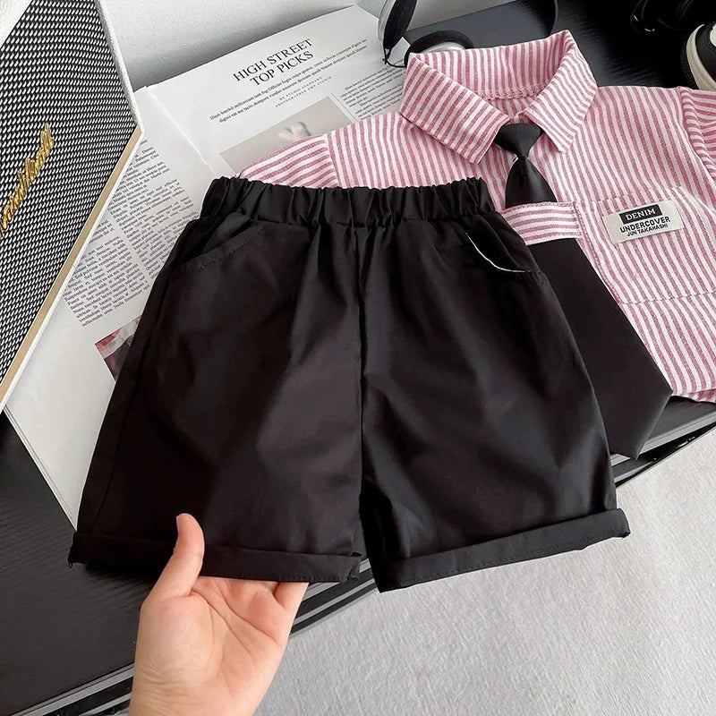 New Toddler Summer Baby Boys/Girls Clothes Suits Children Pinstripe Shirt with Tie Shorts 2Pcs/Set Infant Kids Fashion Outfits