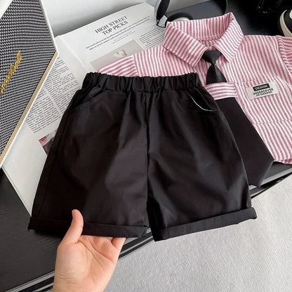 New Toddler Summer Baby Boys/Girls Clothes Suits Children Pinstripe Shirt with Tie Shorts 2Pcs/Set Infant Kids Fashion Outfits