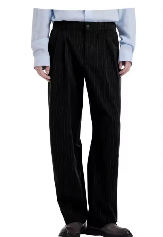 Stripe Men's Pants Slant Pockets Pleated Wide Leg High Waist Loose Fit Button Fly Business Casual Daily Office All-Match Trouser