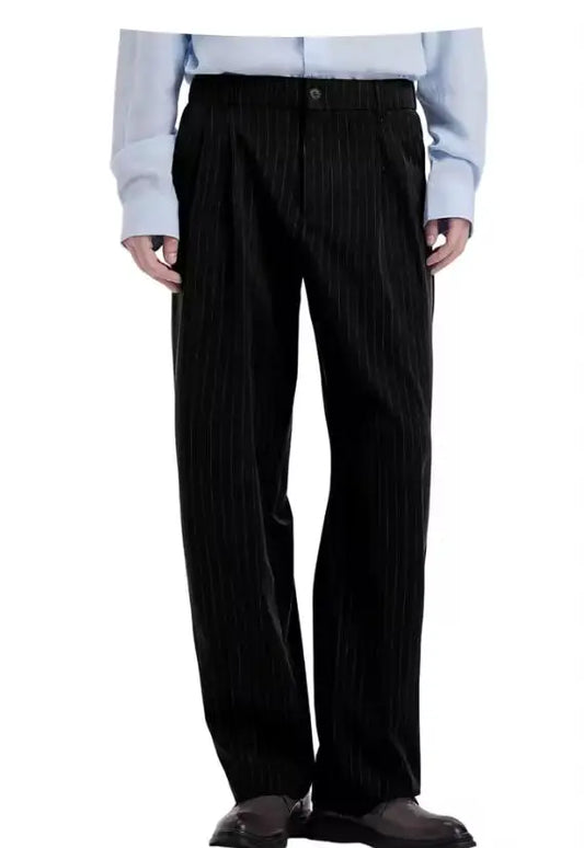 Stripe Men's Pants Slant Pockets Pleated Wide Leg High Waist Loose Fit Button Fly Business Casual Daily Office All-Match Trouser