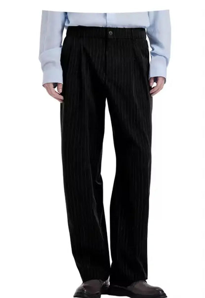 Stripe Men's Pants Slant Pockets Pleated Wide Leg High Waist Loose Fit Button Fly Business Casual Daily Office All-Match Trouser