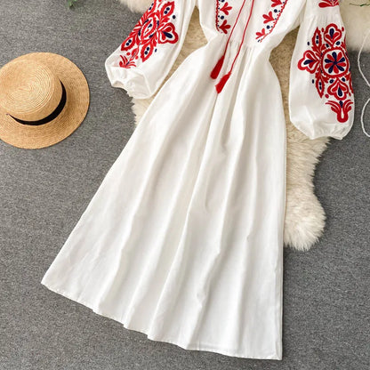 n Sle Embroidered Flower Long Sve Loose Fit Lantern Sve Gathered Slimming A-Line Dr Women's round Ne Dr