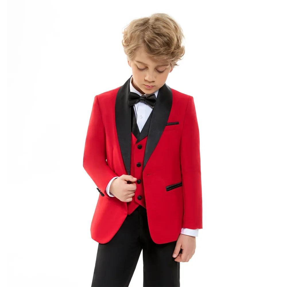 Vibrant Contrast Lapel Boy's Suit Bold Red & Black For Boys 4-Piece Suit Sleek Formal Ring Boys Includes Blazer Vest Pants