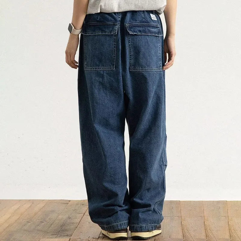 Spring And Autumn Japanese Style Oversized Straight Leg Jeans Loose Drawstring Workwear Pants Wide Leg Pants  Men'S Pants