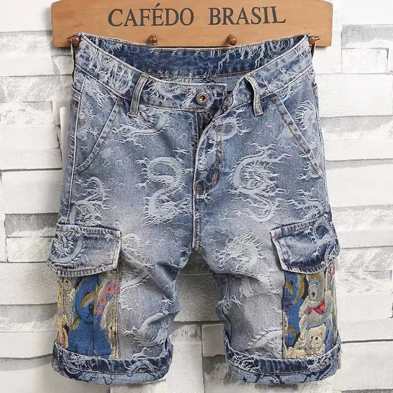 Men's Denim Shorts Overalls Chinese Loong Printed Simple Pants Blue Shorts Spring and Summer