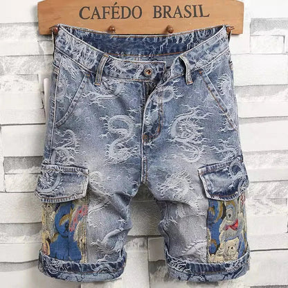 Men's Denim Shorts Overalls Chinese Loong Printed Simple Pants Blue Shorts Spring and Summer