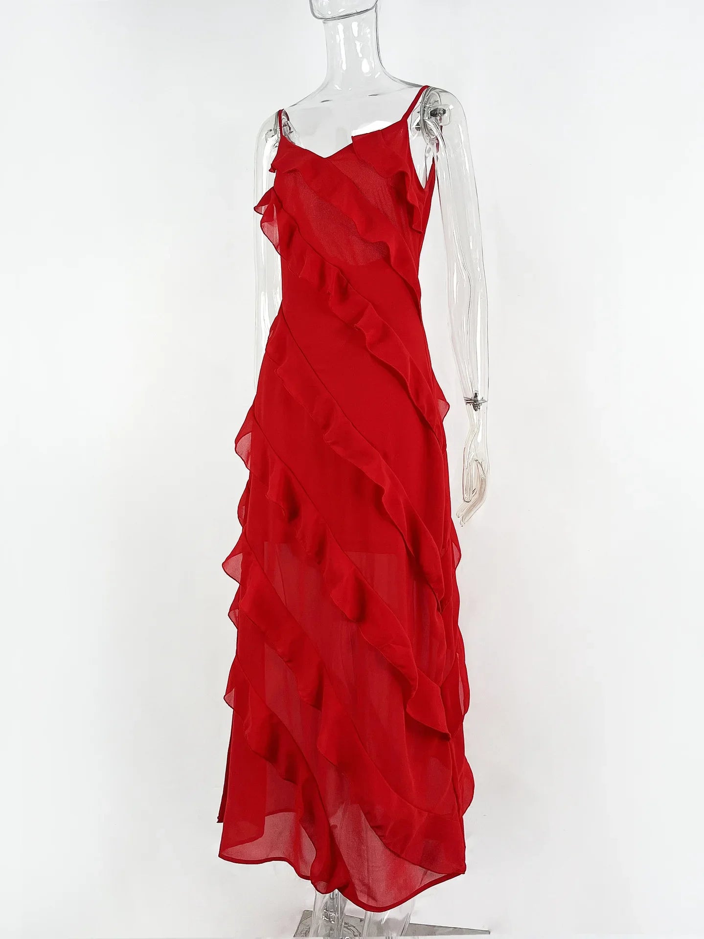 2024 Summer Fashion New Elegant Women's Sexy Chiffon Vacation Style Sling Dress with Ruffle Edge Style Long Dress