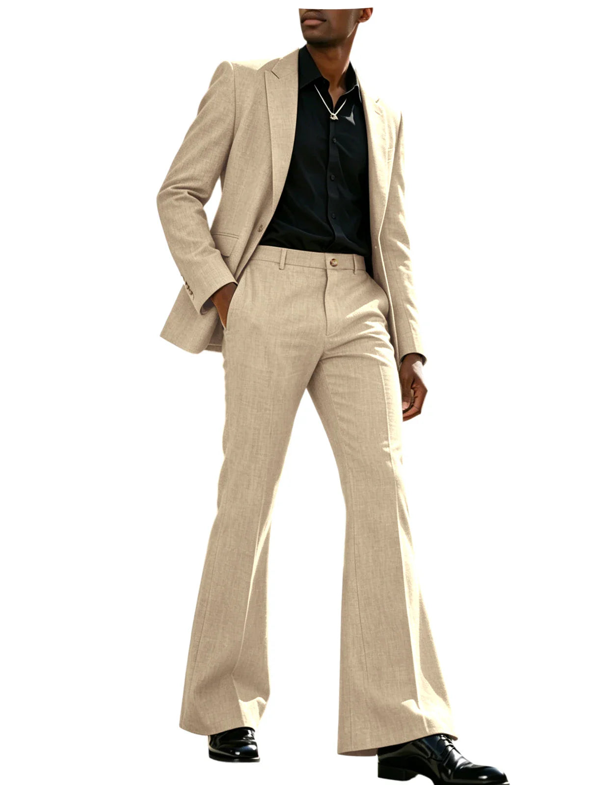 Vintage Men's Linen Suit 2 Piece Notch Lapel 2 Button Blazer Wide Leg Flare Pants Breathable Lightweight Set for Business Casual